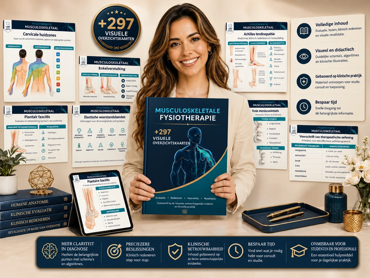 Georganiseerde verzameling visuele overzichtskaarten van musculoskeletale fysiotherapie